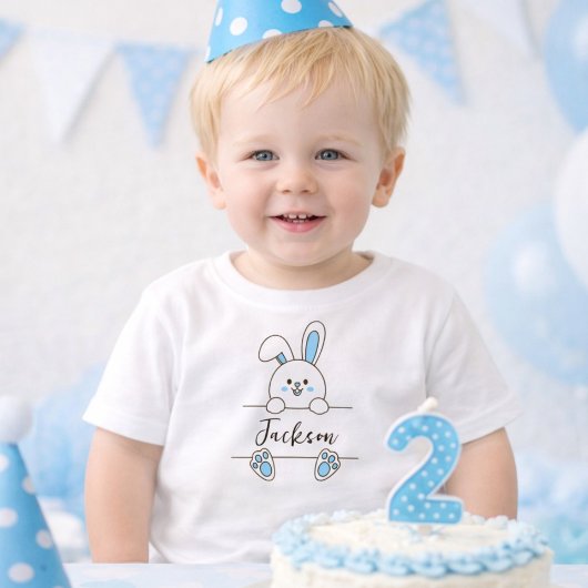 Cute Blue Bunny Boy's First Birthday  ベビーTシャツ