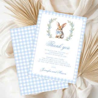 Cute Blue Bunny Easter Gingham Baby Boy Shower サンキューカード