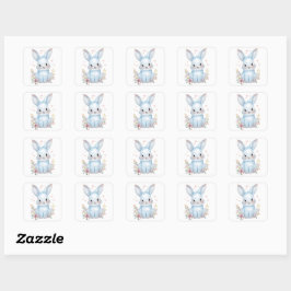 Cute Blue Bunny Party Theme Pastel Floral スクエアシール