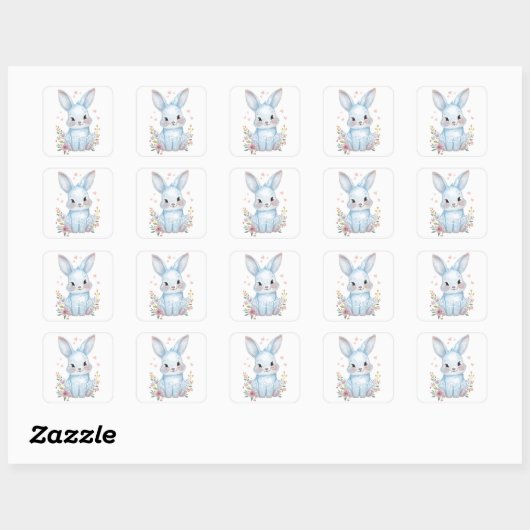 Cute Blue Bunny Party Theme Pastel Floral スクエアシール (シート)
