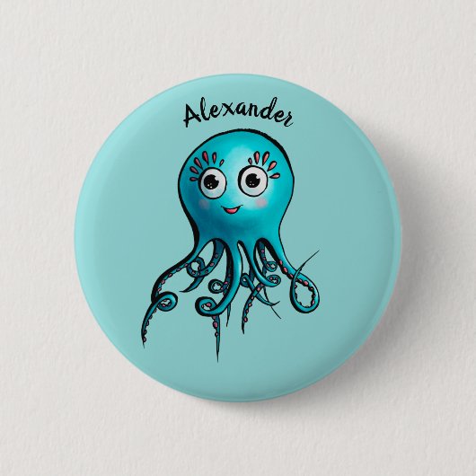 Cute Blue Cartoon Octopus - Smiling Sea Creature 缶バッジ (正面)