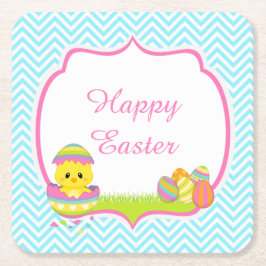 Cute Blue Chevrons Easter Chick Easter Egg Hunt スクエアペーパーコースター