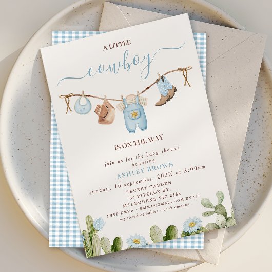 Cute Blue Clothesline Cactus Cowboy Baby Shower 招待状