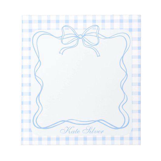 Cute Blue Coquette Bow Gingham Personalized Name ノートパッド (正面)