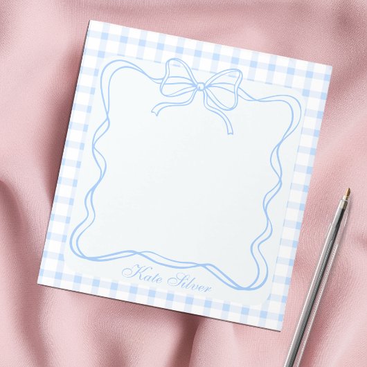 Cute Blue Coquette Bow Gingham Personalized Name ノートパッド