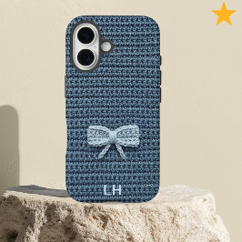 Cute Blue Crochet Bow Yarn Custom Name iPhone 16ケース