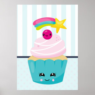 Cute Blue Cupcake with Kawaii Face ポスター