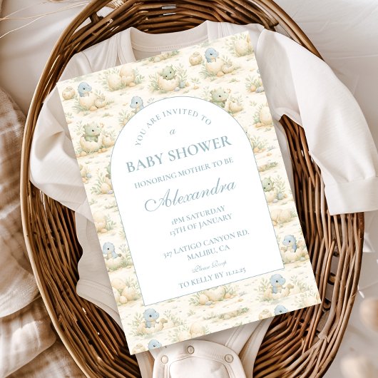 Cute Blue Dino Nursery Baby Shower 招待状