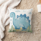 Cute Blue Dinosaur Nursery Throw Pillow Watercolor クッション (ブランケット)