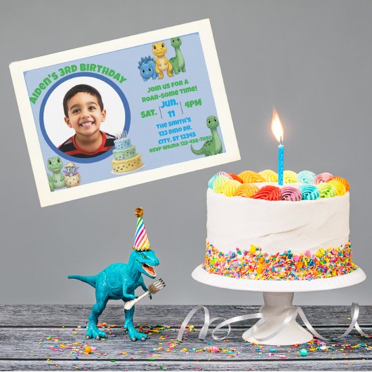Cute Blue Dinosaur with Picture Birthday 招待状