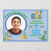 Cute Blue Dinosaur with Picture Birthday 招待状 (正面)