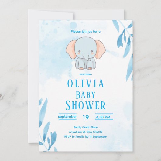 Cute Blue Elephant Baby Shower 招待状 (正面)