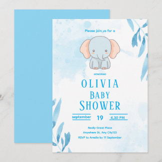 Cute Blue Elephant Baby Shower 招待状