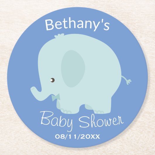 Cute Blue Elephant Boy Baby Shower Custom ラウンドペーパーコースター (正面)