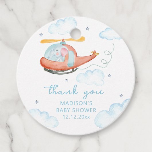Cute Blue Elephant Helicopter Airplane Baby Shower フェイバータグ (正面)