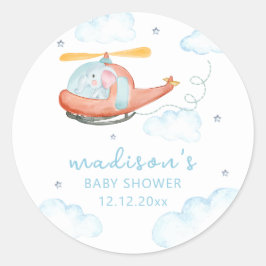 Cute Blue Elephant Helicopter Airplane Baby Shower ラウンドシール