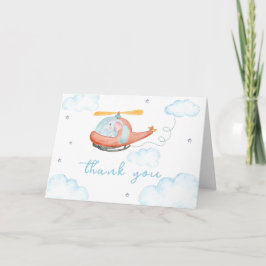 Cute Blue Elephant Helicopter Baby Shower サンキューカード