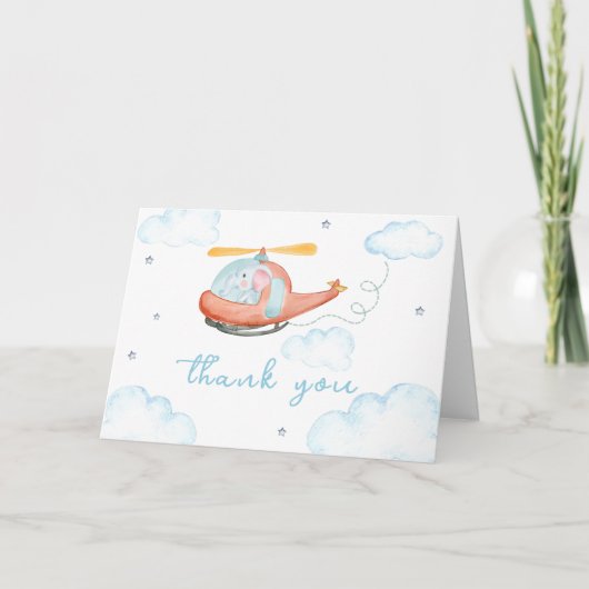 Cute Blue Elephant Helicopter Baby Shower サンキューカード (正面)