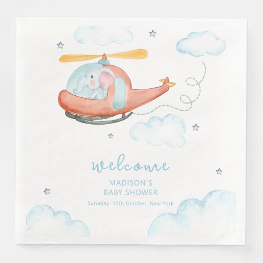 Cute Blue Elephant Helicopter Baby Shower Welcome (正面)