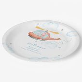 Cute Blue Elephant Helicopter Baby Shower Welcome  ペーパープレート (アングル)