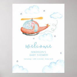 Cute Blue Elephant Helicopter Baby Shower Welcome  ポスター