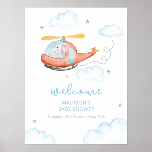 Cute Blue Elephant Helicopter Baby Shower Welcome  ポスター (正面)