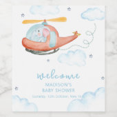Cute Blue Elephant Helicopter Baby Shower Welcome  ワインラベル (シングルラベル)