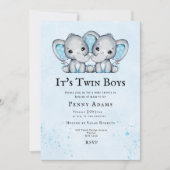 Cute Blue Elephant Twins Baby Shower Invitation サンキューカード (正面)