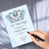 Cute Blue Elephant Twins Baby Shower Invitation サンキューカード