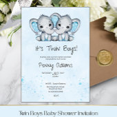 Cute Blue Elephant Twins Baby Shower Invitation サンキューカード