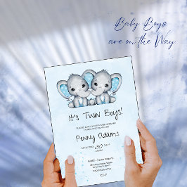 Cute Blue Elephant Twins Baby Shower Invitation サンキューカード
