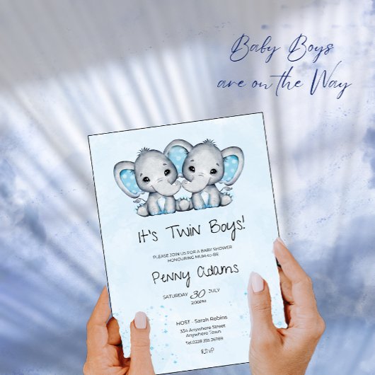 Cute Blue Elephant Twins Baby Shower Invitation サンキューカード