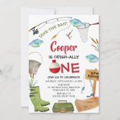 Cute Blue Fishing Ofishally One 1st Birthday  招待状 (正面)