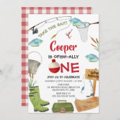 Cute Blue Fishing Ofishally One 1st Birthday  招待状 (正面/裏面)