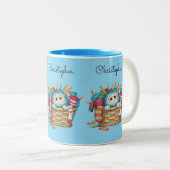 Cute Blue Fluffy Sock Monster Kids Design ツートーンマグカップ (正面右)