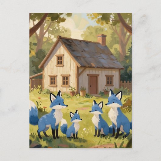 Cute Blue Fox Family Cottage ポストカード (正面)