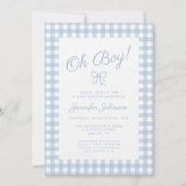 Cute Blue Gingham Bow Boy Baby Shower 招待状 (正面)