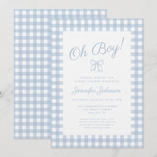 Cute Blue Gingham Bow Boy Baby Shower 招待状 (正面/裏面)