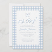Cute Blue Gingham Bow Boy Baby Shower 招待状 (正面)