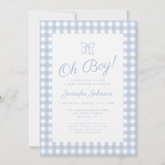 Cute Blue Gingham Bow Boy Baby Shower 招待状 (正面)