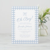 Cute Blue Gingham Bow Boy Baby Shower 招待状 (スタンド正面)