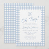 Cute Blue Gingham Bow Boy Baby Shower 招待状 (正面/裏面)