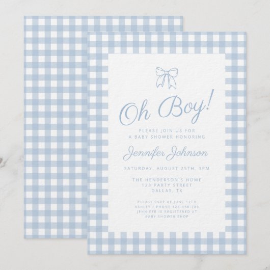 Cute Blue Gingham Bow Boy Baby Shower 招待状 (正面/裏面)