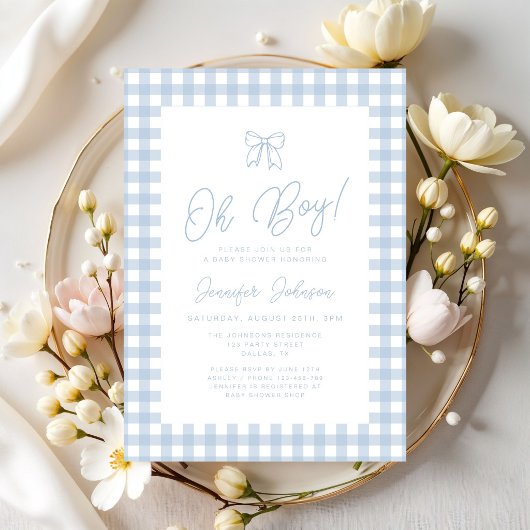 Cute Blue Gingham Bow Boy Baby Shower 招待状