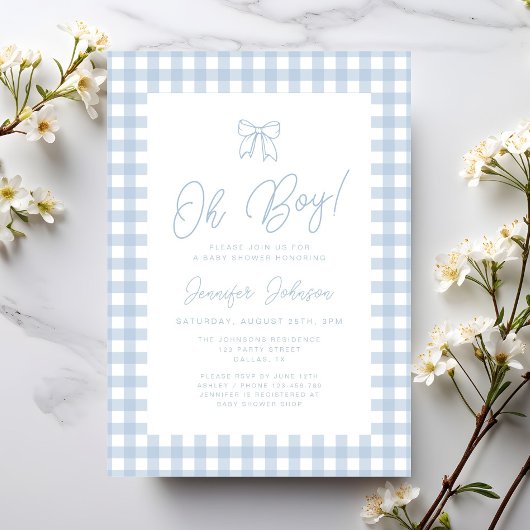 Cute Blue Gingham Bow Boy Baby Shower 招待状