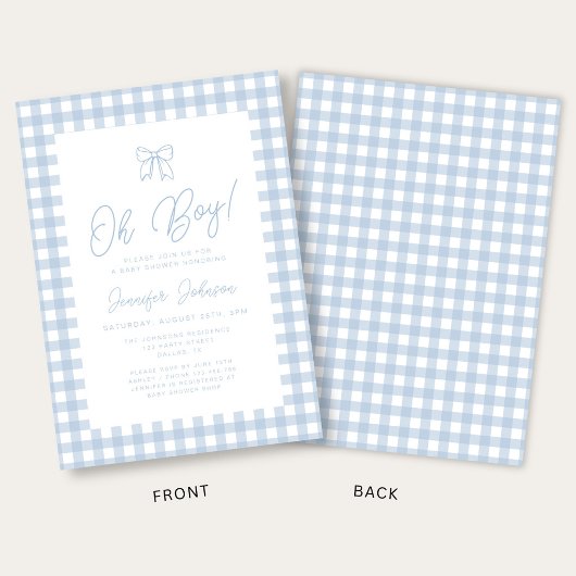 Cute Blue Gingham Bow Boy Baby Shower 招待状