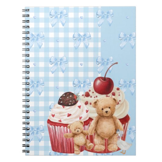 Cute Blue Gingham Teddy Bear & Ribbon ノートブック (正面)