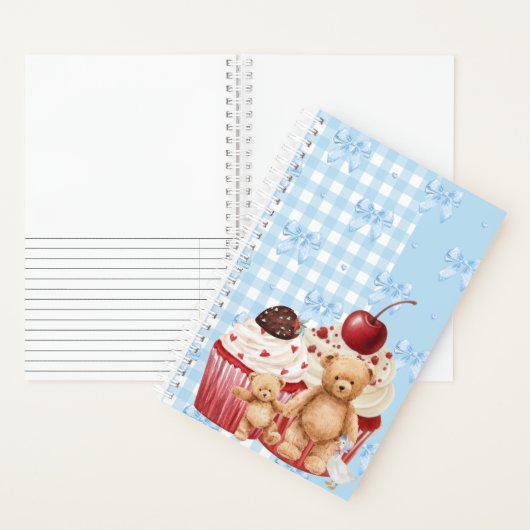 Cute Blue Gingham Teddy Bear & Ribbon  ノートブック (内側)