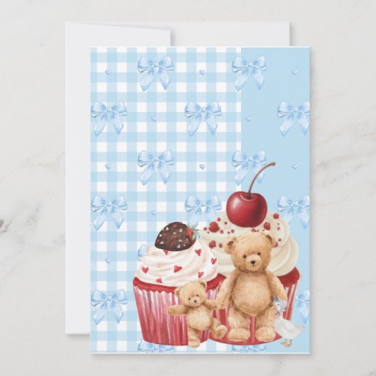 Cute Blue Gingham Teddy Bear & Ribbon  招待状 (正面)