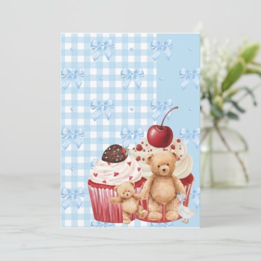 Cute Blue Gingham Teddy Bear & Ribbon  招待状 (スタンド正面)